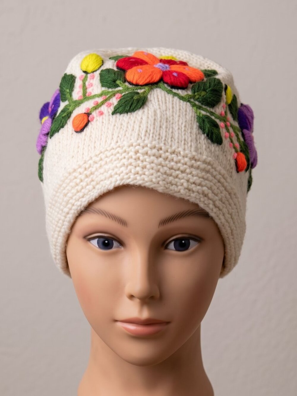 Hand-Knitted Sheep's Wool Hat with Floral Embroidery (Cusco Winter Style)